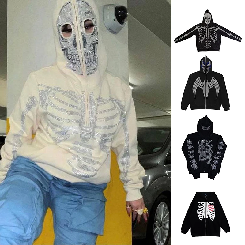 

Skeleton Oversized full zip up over face Diamond Rhinestone Hoodies Women Letter 2022 Hip Hop Goth Punk Fleece Flame Zipper