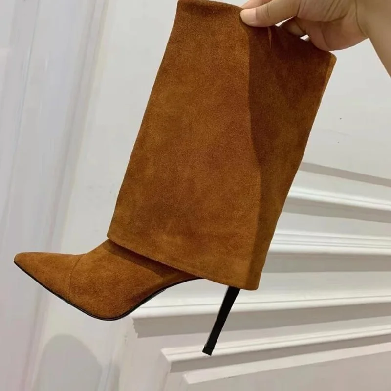 

Plus Size 43 Folded Over Winter Boots Women Brown Suede Stretch Fabric Pointed Toe Stiletto High Heels Knee High Boots