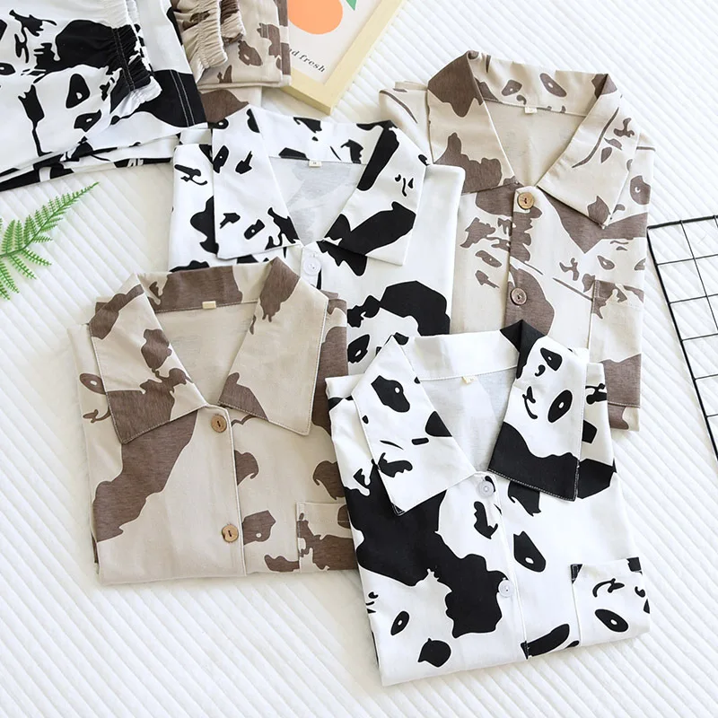 Cartoon Panda Pajamas Suit Couple Models Knitted Cotton Nightwear Four Seasons Thin Men Women Long-sleeved Trousers Home Clothes