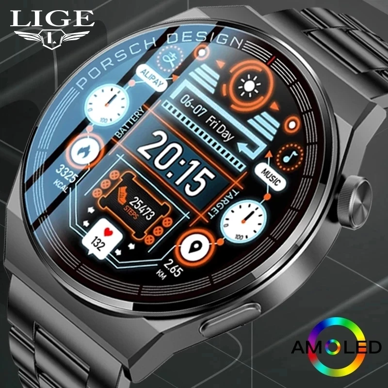 

LIGE New Smart Watch Men AMOLED 390*390 HD Screen Always Display Time Fitness Bracelet Waterproof Stainless Steel Smartwatch Men