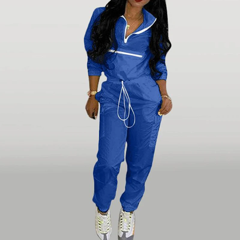 

Модный комплект из двух предметов 2022, Женский однотонный повседневный костюм, топ и брюки, пуловер на молнии с кулиской, тонкий костюм с длинным рукавом