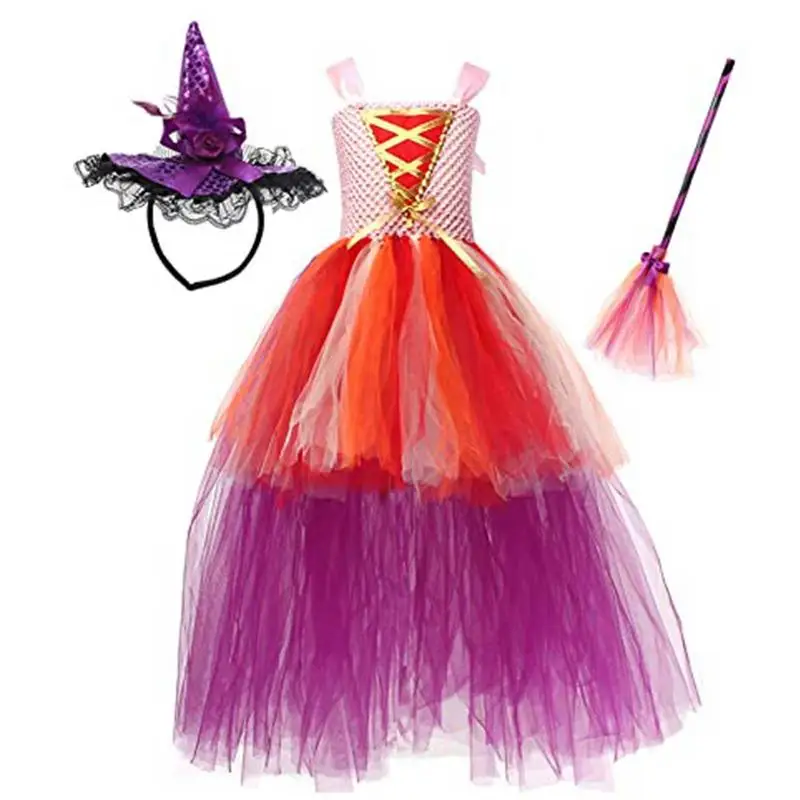 

Kids Witch Dress Halloween Costume Sleeveless Tutu Dress Tulle Skirt High Low Purple Dress With Broom For Theme Parties