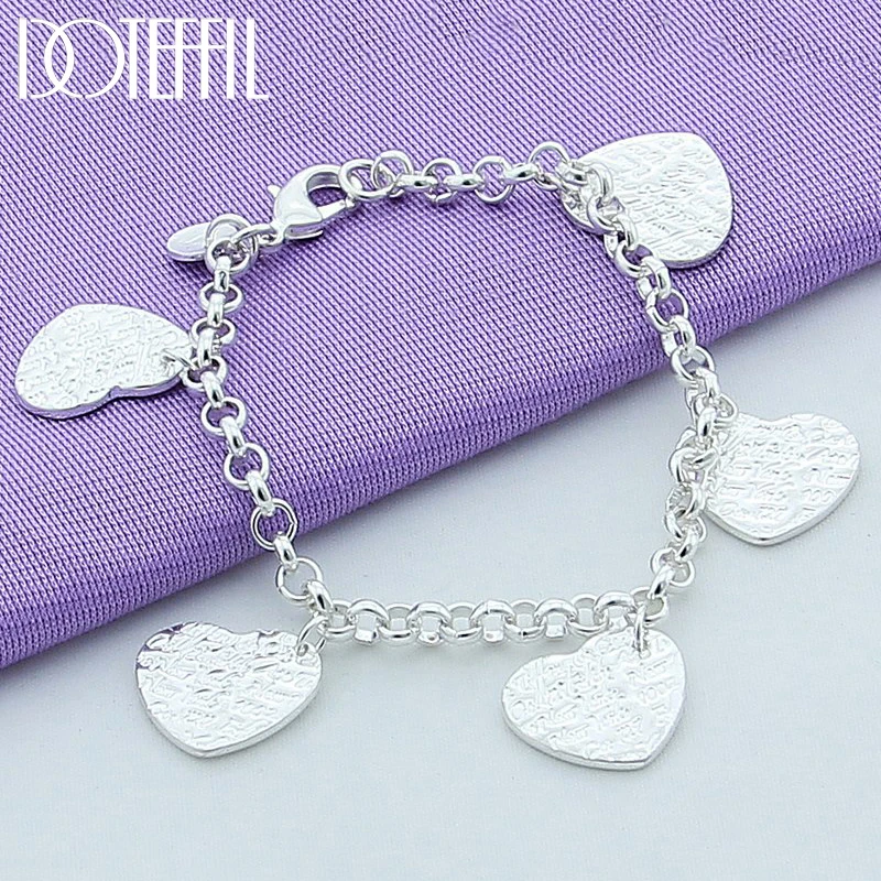 

DOTEFFIL 925 Sterling Silver Five Heart Carving Pattern Bracelet For Women Fashion Charm Wedding Engagement Party Jewelry
