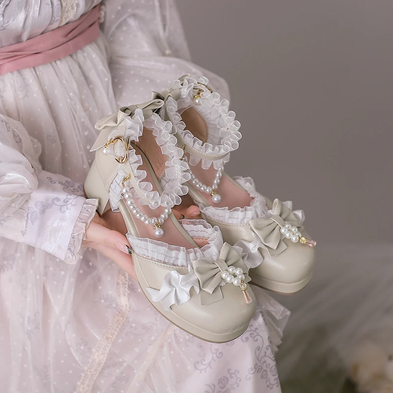 Adorable Side Open Lolita Women Sandals with Playful Sweet Delicate Bow Beaded Detail and Lace Trim Girls Platform Summer Shoes