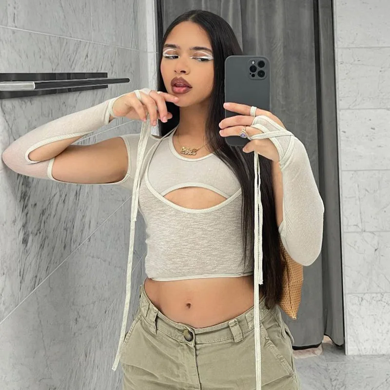 

Punk Sexy Women 2 Set Pc T Shirts Goth Y2k Cyber Bodycon Patchwork Crop Halter Tops Grunge Bandage Cut Out Sleeve Streewear