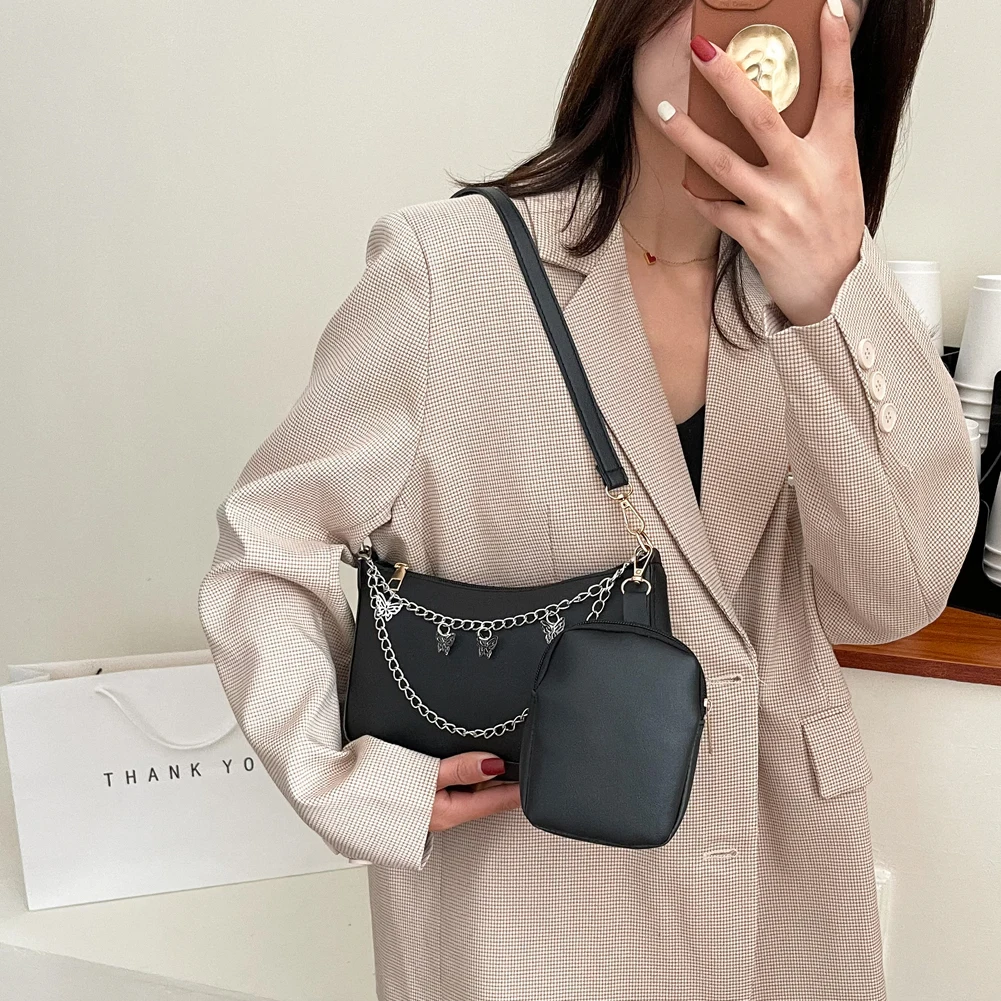 

Bags for Women PU Leather Butterfly Chain Shoulder Bag with Mini Purse Composite Bag Solid Color Zipper Brand Designer Handbag