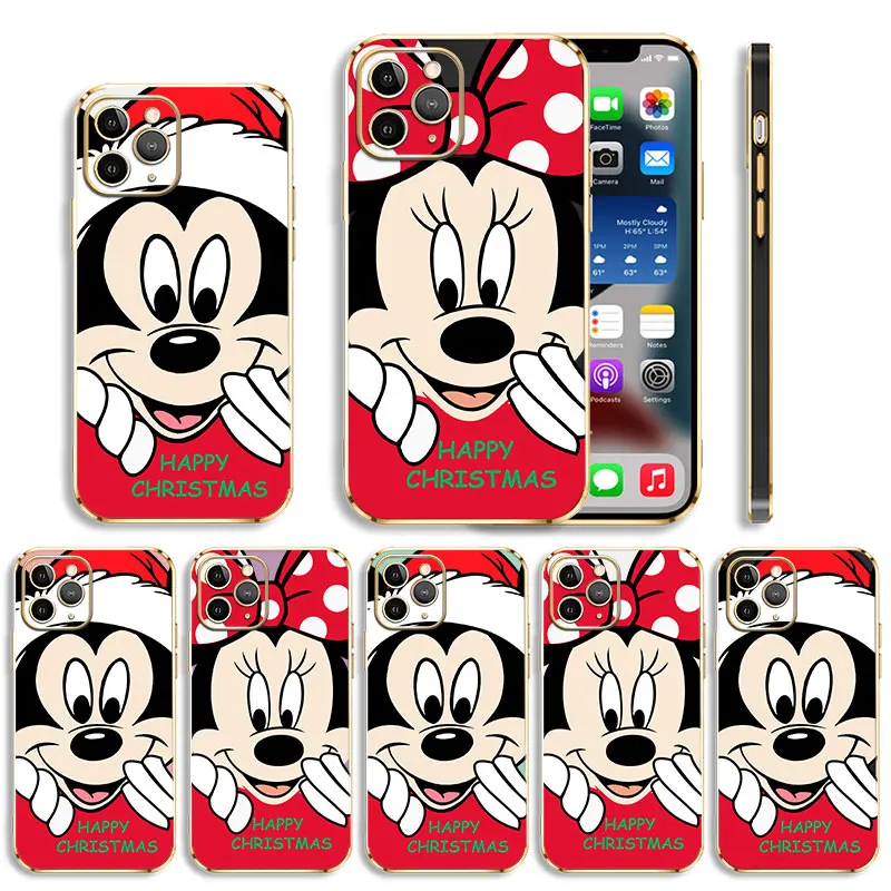 

Luxury Soft Plating Phone Case For iPhone 13 12 11 Pro Max Mini X XR XS Max 7 8 6 6s Plus SE Cover Mickey Minnie Merry Christmas