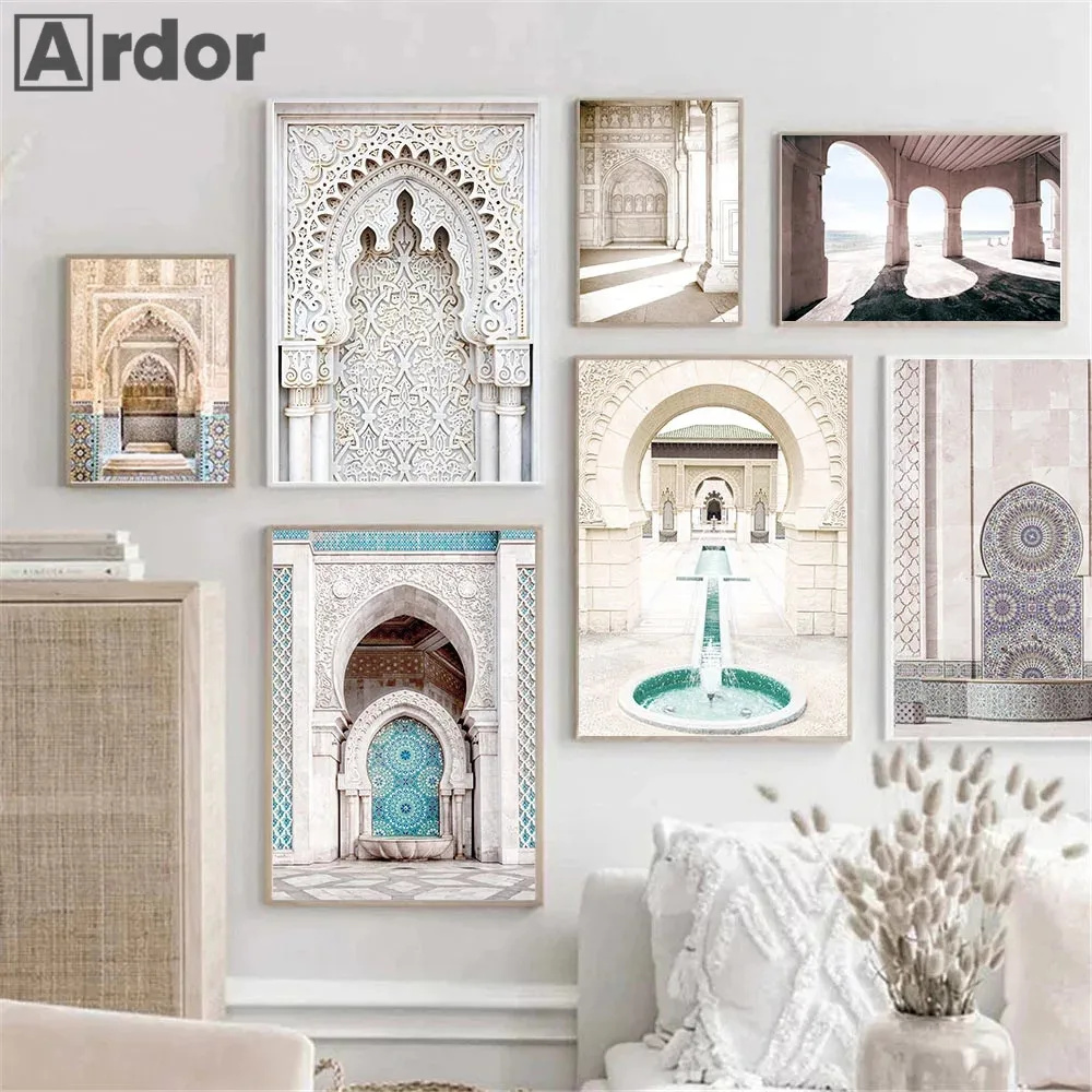 

Mosque Morocco Islamic Architecture Canvas Art Painting Arabic Arch Door Posters Modern Muslim Print Wall Pictures Bedroom Decor
