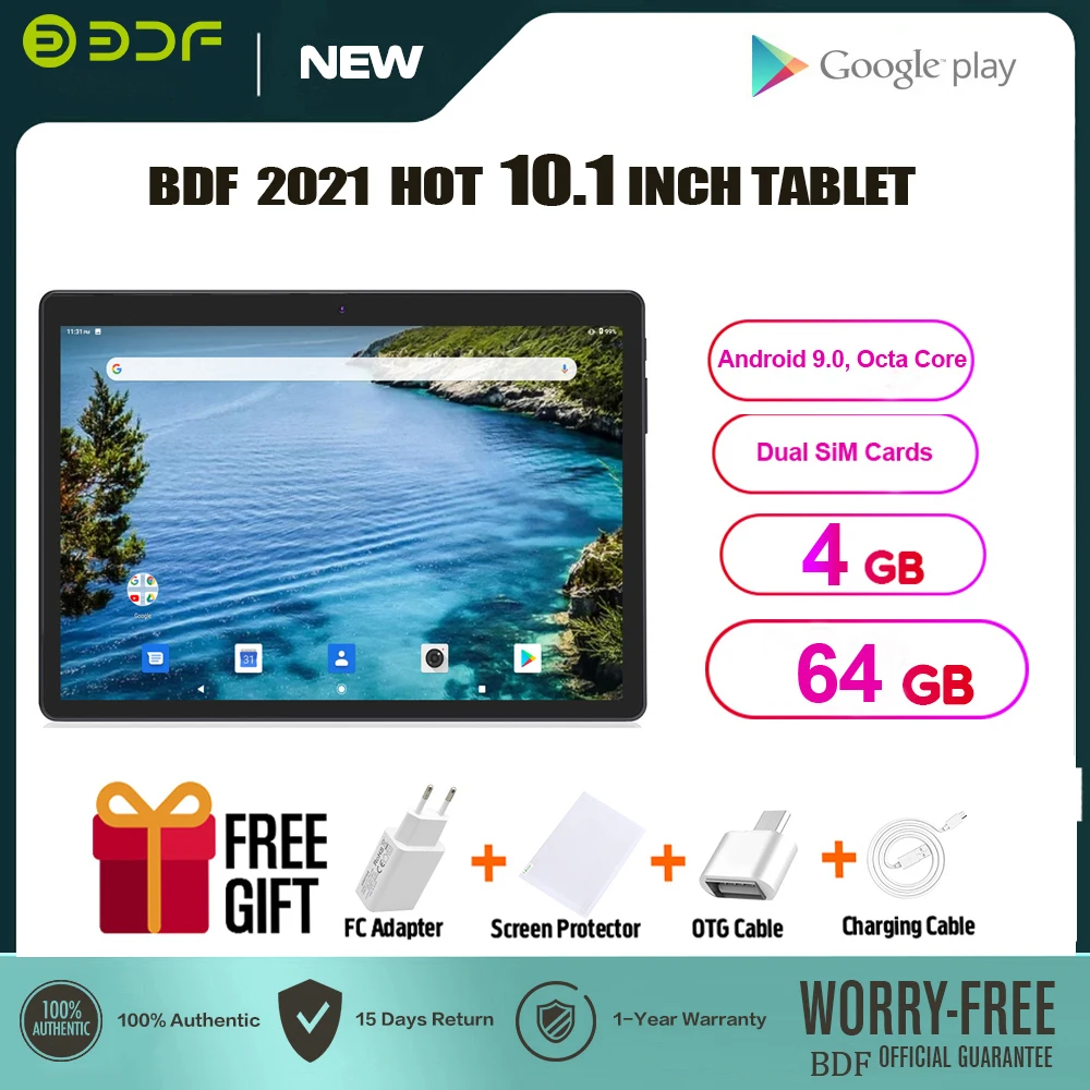 BDF NEW 10.1 Inch Tablet Pc Android 9.0 Octa Core 4GB/64GB Google Play 3G Phone Call Dual SIM Cards IPS Display GPS mi pad 5 Tab