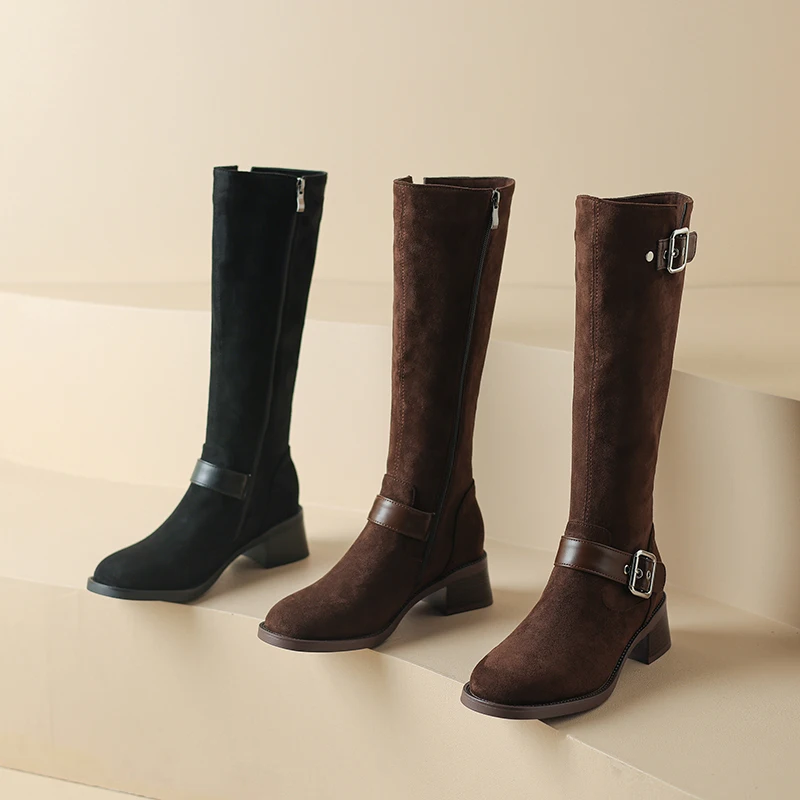 Модные женские Современные Сапоги Kcenid высокие сапоги до колена с круглым носком