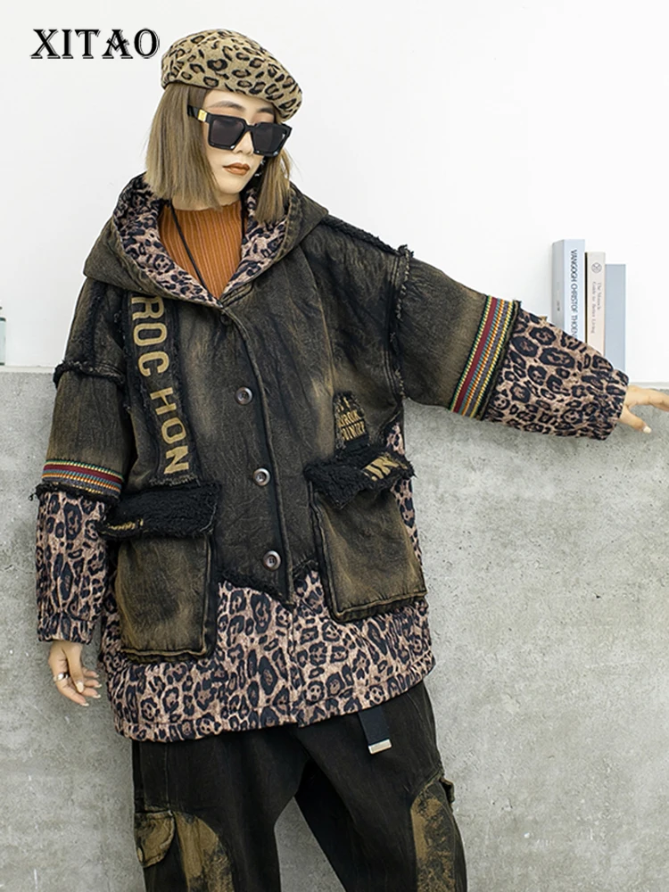 

XITAO, винтажное джинсовое пальто, леопардовое пальто с капюшоном и воротником, повседневный стиль, лоскутное, индивидуальное свободное Женск...