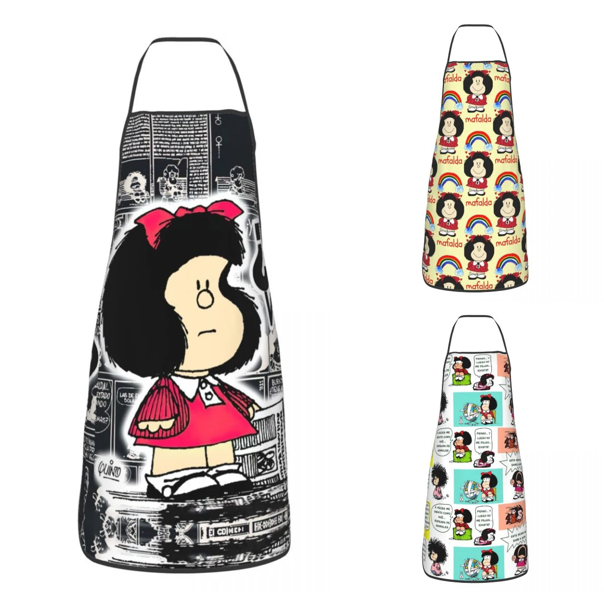 

Custom Bib Mang Mafalda Aprons for Men Women Unisex Adult Chef Kitchen Cooking Cartoon Quino Comic Tablier Cuisine Painting