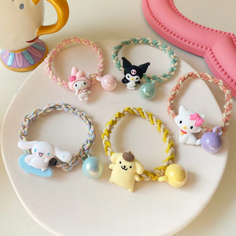 

Sanrioed Kawaii Cartoon Mymelody Kuromi Cinnamoroll Kt Cat Head Rope Braided Hair Ring Ball Hair Rope Girl Hair Accessories Gift