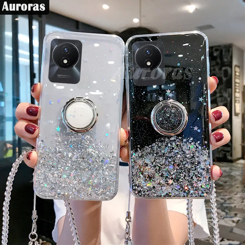 Мягкий чехол Auroras с блестками для VIVO Y02 Y16, чехол со звездным небом, звездами, Луной и кольцом для VIVO Y22 Y35