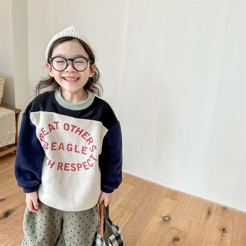 

Autumn Winter Baby Splicing Fleece Warm Sweatshirt Kid Boy Letter Plus Velvet Casual Tops Girl Children Thick Cotton Sweatshirts