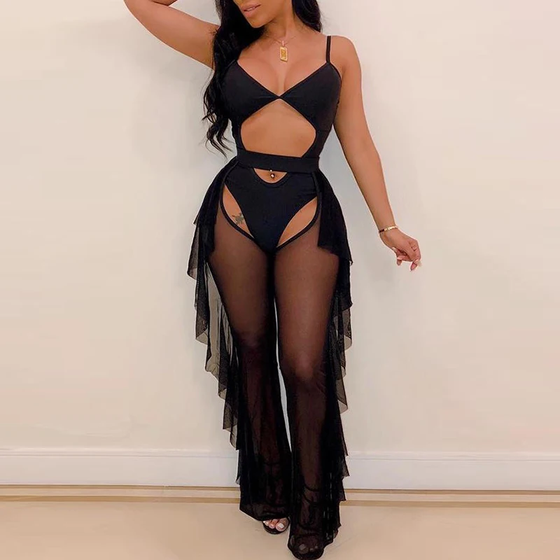 

Women Sexy Mesh Open Pants Beach Sheer Ruffles Summer Wide Leg Pants Bikini Cover Up Ladies Long Trouser Female Clothes Fashion