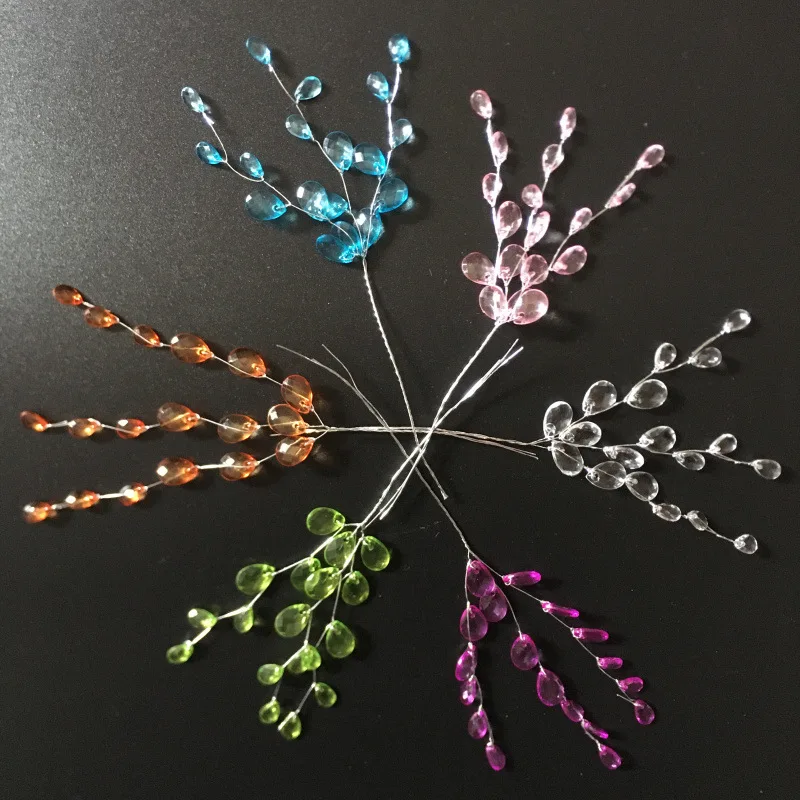 

50 Stems 15cm Artificial Bouquet DIY3 Forked Water Drop Acrylic Silk Stem Crystal Diamond Flower Beads Sprays Wedding Ornament
