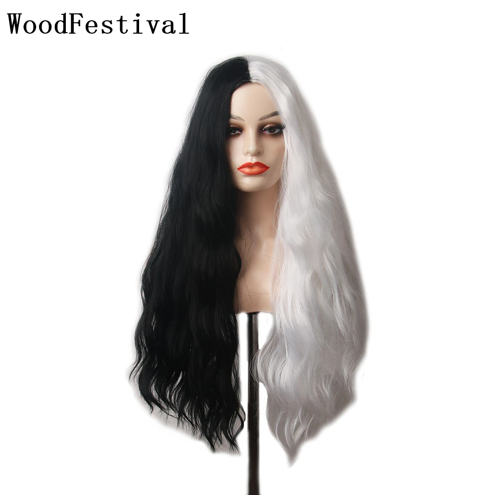 Длинный черный/белый синтетический парик для косплея WoodFestival волнистые парики