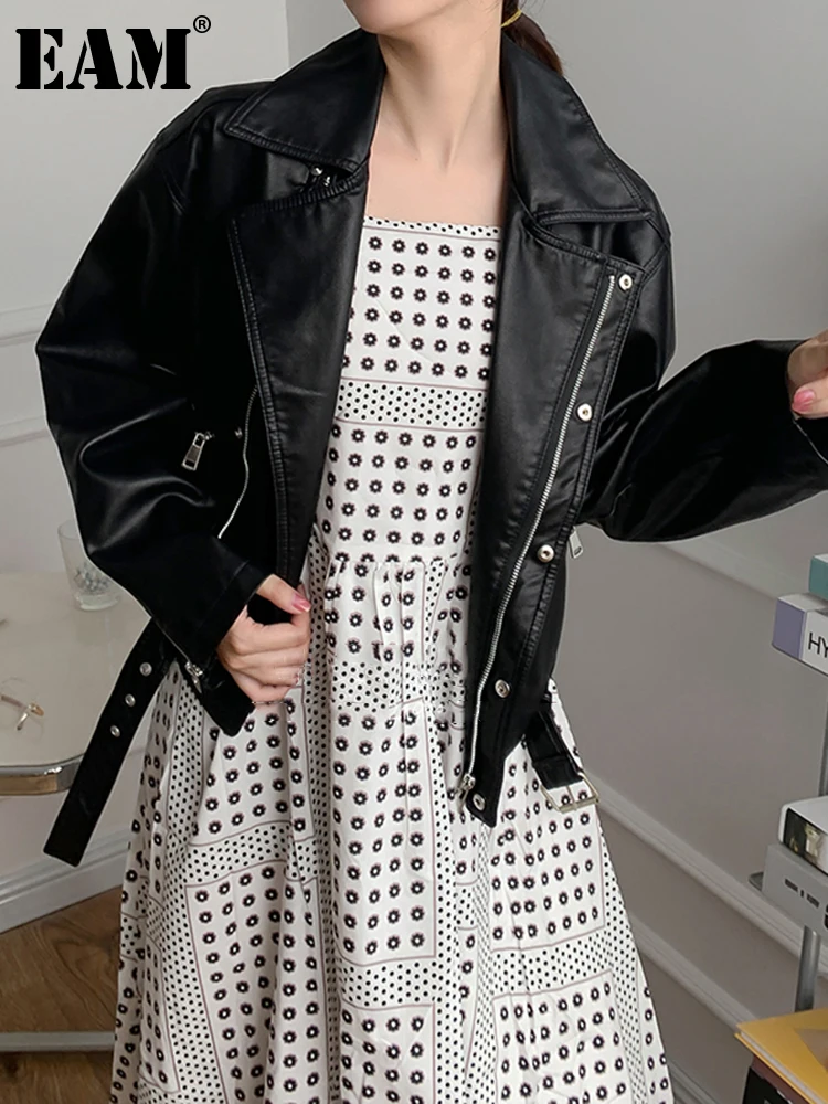 

[EAM] Loose Fit Blue Pu Leather Big Size Casual Jacket New Lapel Long Sleeve Women Coat Fashion Tide Spring Autumn 2022 1DE8825