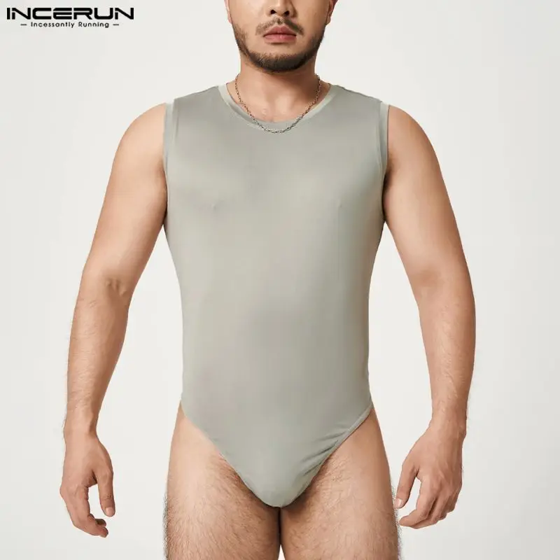 

INCERUN Men Bodysuits Solid Color O-neck Sleeveless 2023 Fitness Sexy Men Rompers Pajamas Summer Fashion Vests Bodysuit S-5XL
