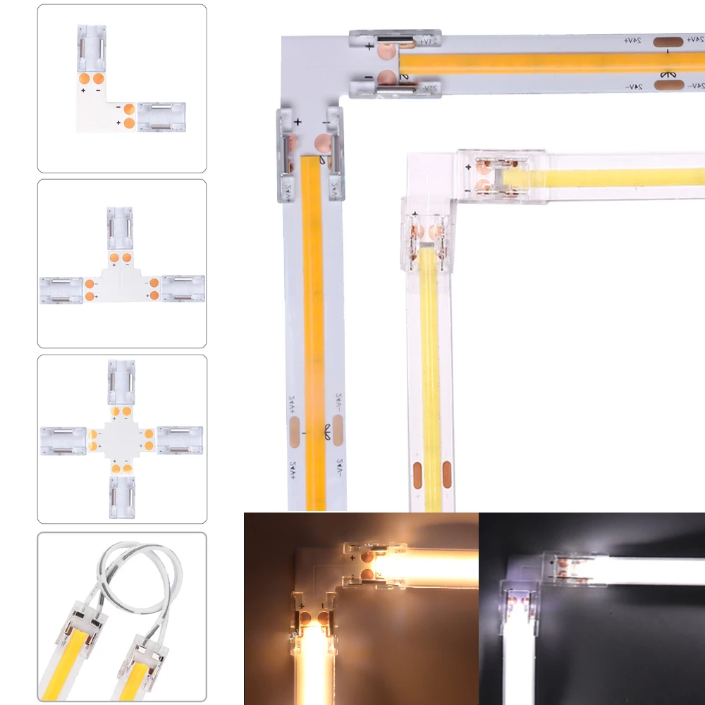 

Corner COB LED Strip Connector for 8mm 10mm IP21 2pin COB LED Tape Fast Solderless Joint Connector I L T + Shape LED Accessories