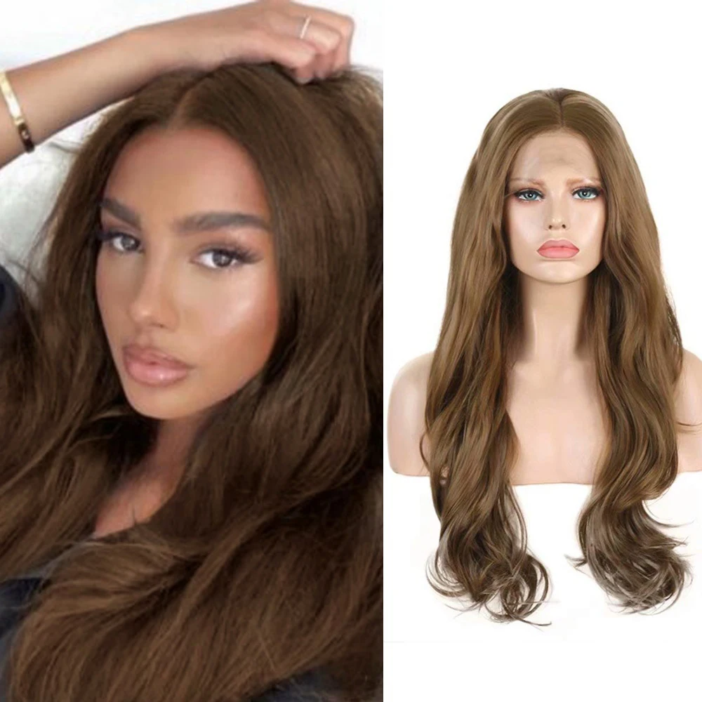 Коричневый волнистый парик 13x4 Синтетические кружевные парики для женщин Длинный