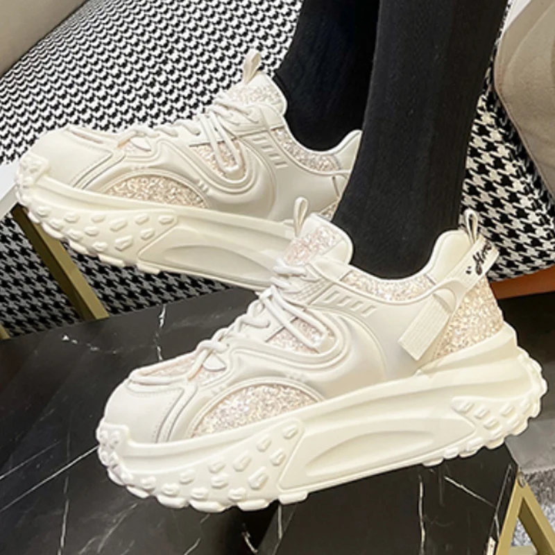 6cm Genuine Leather 2023 Synthetic Sequins Platform Wedge Chunky Sneakers Mixed Color Casual Comfy Lady Hidden Heel Female Shoes
