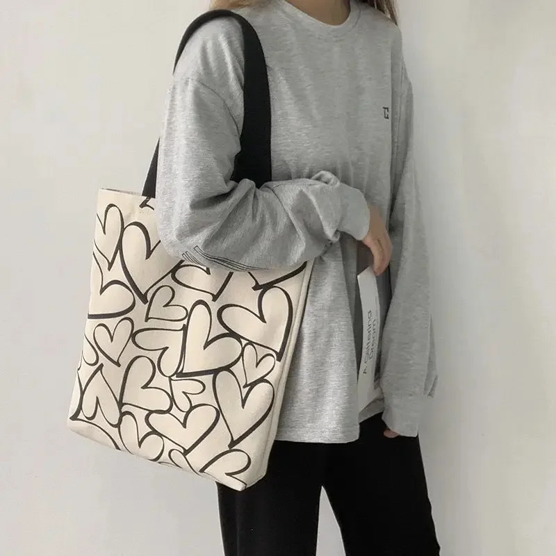 

Tote Heart Shopping Bags for Women Canvas Shoulder Bag Students Cotton Cloth Eco Shopper Bag Sac A Main Handbag Feminina