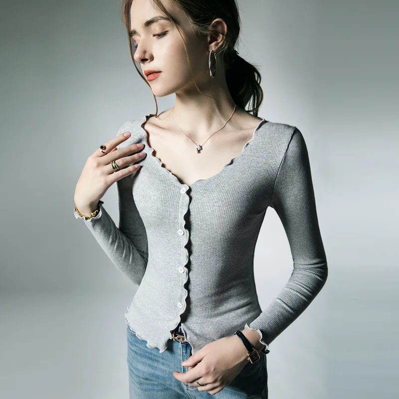 

High Quality 2023 Women T-shirt Stringy Selvedge Button Female Autumn Sexy Crop Top Clothes Casual Blouses Grace Meeting Y2K