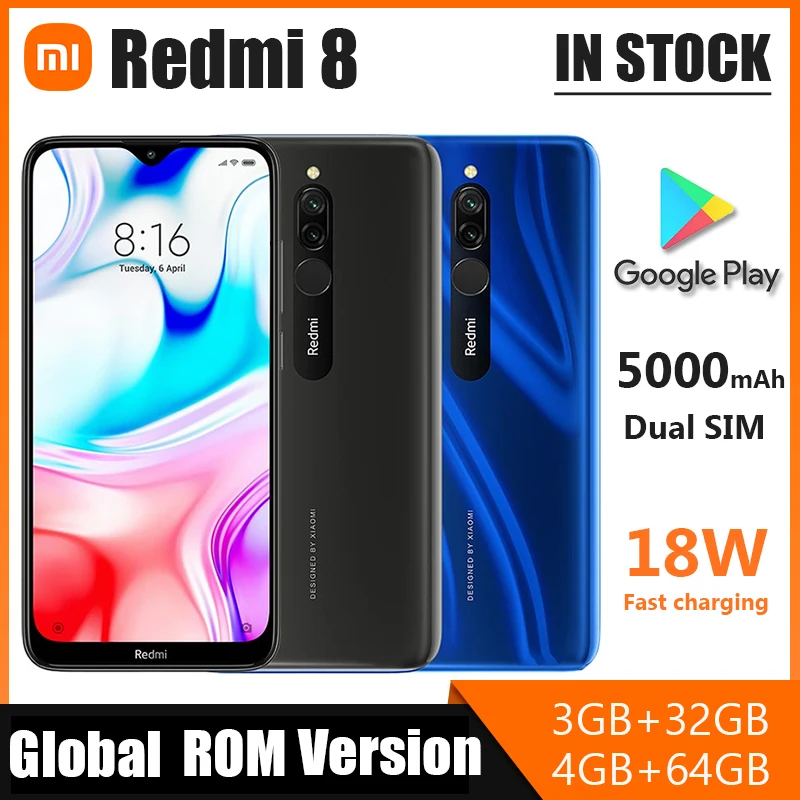 

Сотовый телефон Xiaomi Redmi 8, Android, 4 ГБ, 64 ГБ, смартфон с батареей 5000 мАч, чипсет Snapdragon 439, две SIM-карты, сотовый телефон Google Store