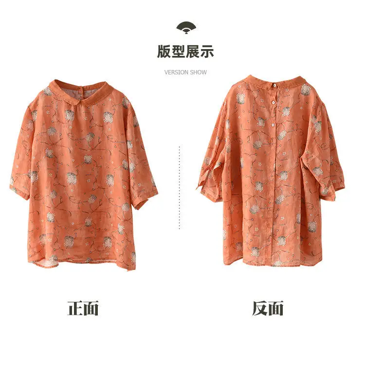 Блузка женская из хлопка и льна винтажная рубашка с отложным воротником