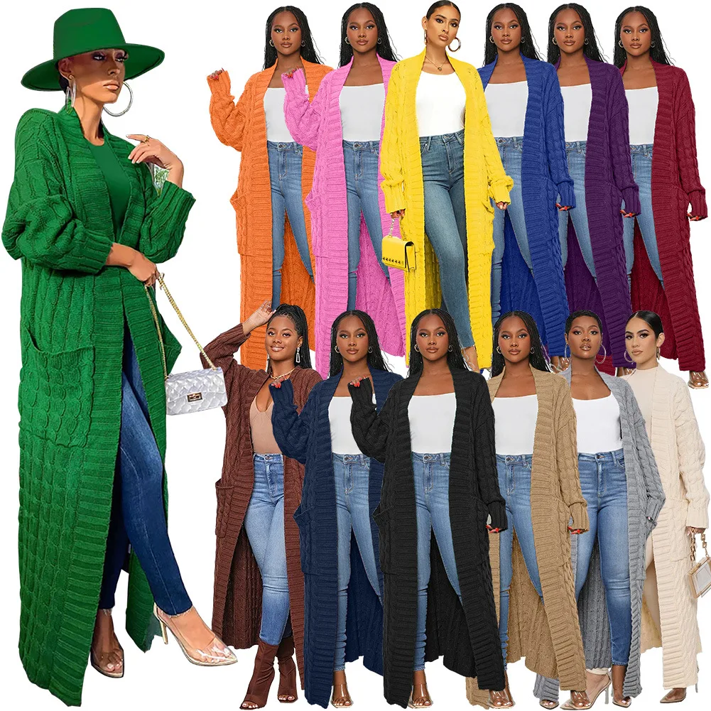 

Women's autumn and winter new loose knit cardigan lazy wind pocket long twist sweater coat