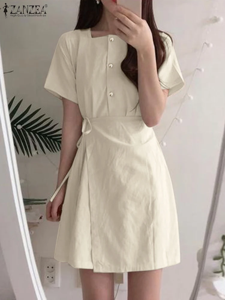 

ZANZEA Female Fashion Elegant Casual Loose Beach Vestidos Women Summer Solid Color Dress Short Sleeve Lace-Up O-Neck Sundress