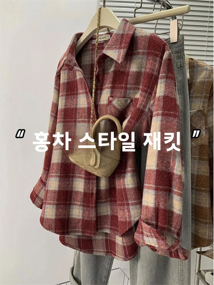 Женские клетчатые рубашки с красным шлифованием новинка весны 202 черная чайная