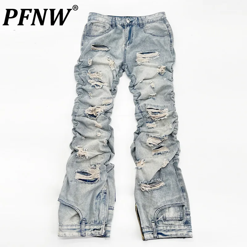 

PFNW Spring Autumn New Men's Worn Out Niche Design Vintage Denim Pants Long Slim Fitting Pleated Jeans Fashion Trousers 12A7717
