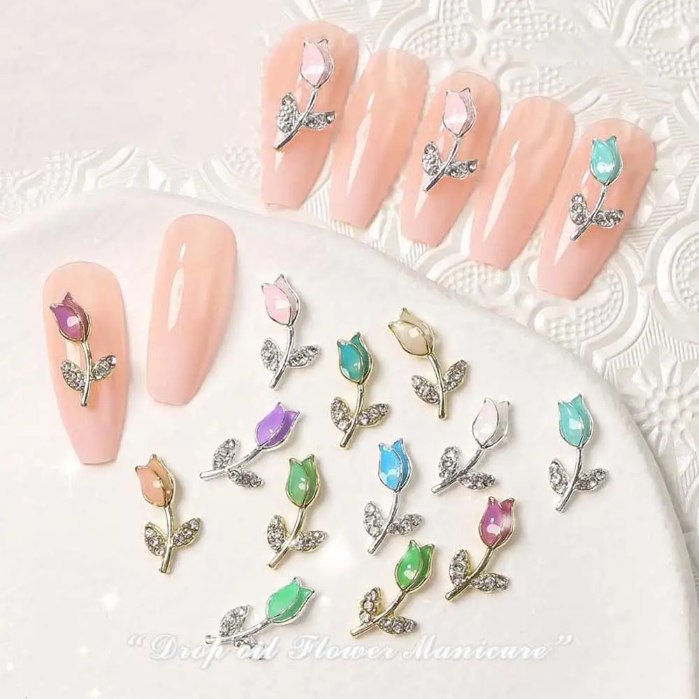 

10Pcs/set Metal Tulip Flower 3D Nail Art Decorations DIY Alloy Jewerly Ornament Rhinestone Manicure Design Accessories