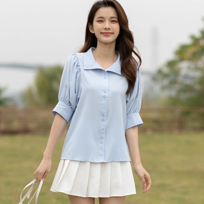 

COIGARSAM Shirt Womens Tops French Style Vintage Short Sleeve Loose Puff Sleeve Women Shirts Dropshipping