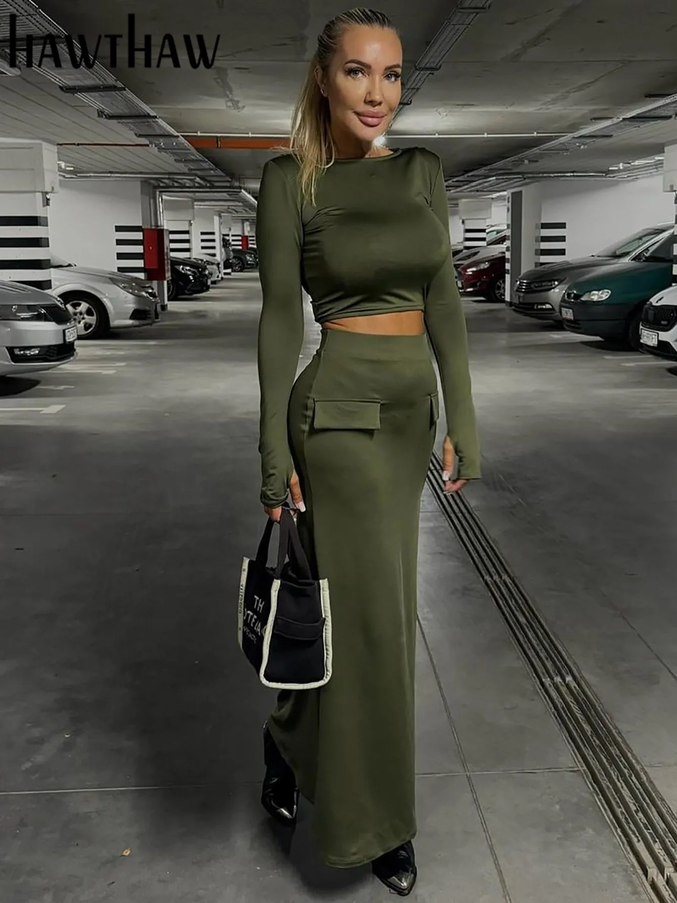 Hawthaw Women 2024 Spring Autumn Long Sleeve Crop Tops Skirts Two Piece Sets Outfit Basic Wholesale Items For Business