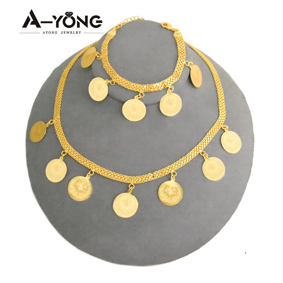 

Arab Coins Wedding Necklace Set 21k Gold Plated Dubai Middle East African Bridal Necklace Bracelet Set Women Banquet Accessories