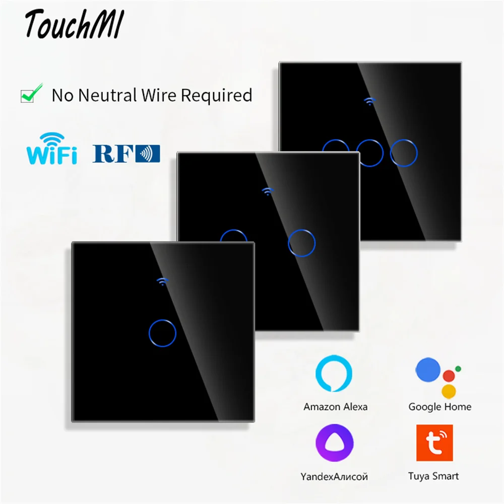 

TOUCHMI No Neutral Wire Required Wall Switch Wifi Smart Light Touch Switch Black Panel 1 Gang Work With Alexa Google Home Tuya