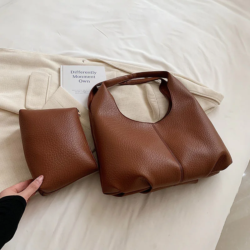 

2 Pack Big Soft Leather Shoulder Bag Female 2023 New Simple Large Capacity Tote Bag Fashion Women Handbags
