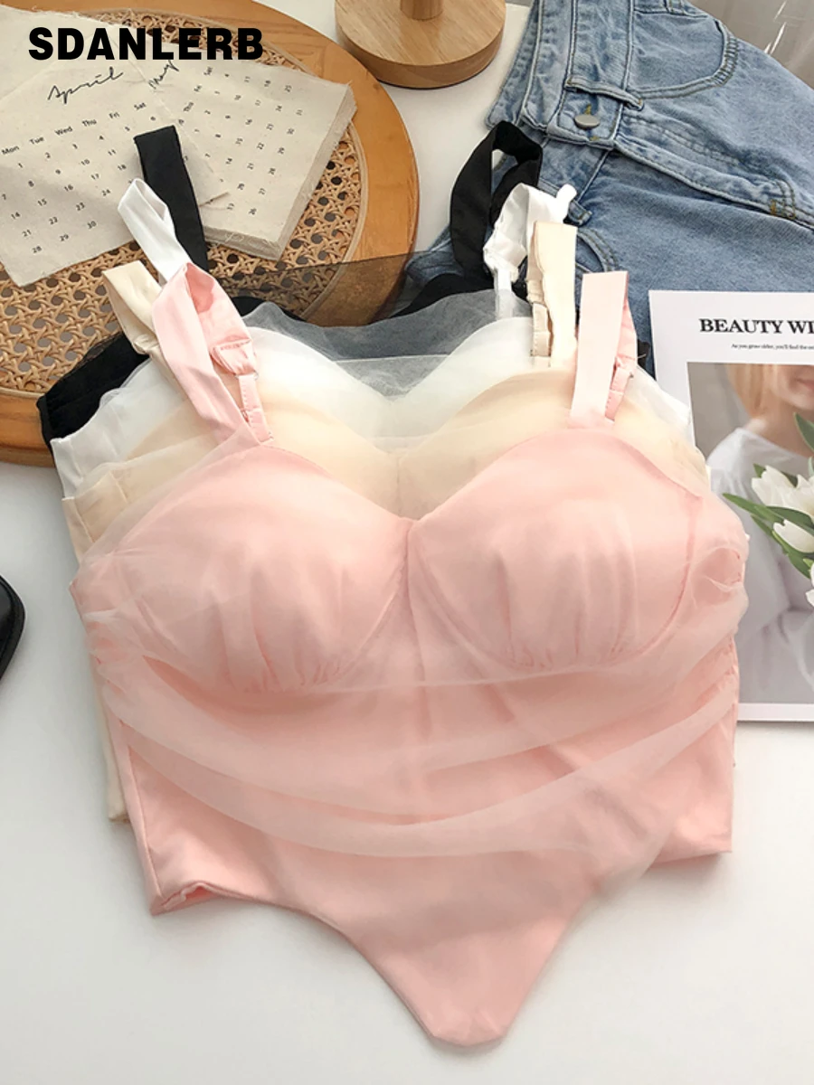 

Irregular Mesh Splicing Crop Tops Tape Chest Pad Wireless Bandeau Female 2022 Summer New Push-up Beauty Back Bottoming Sling