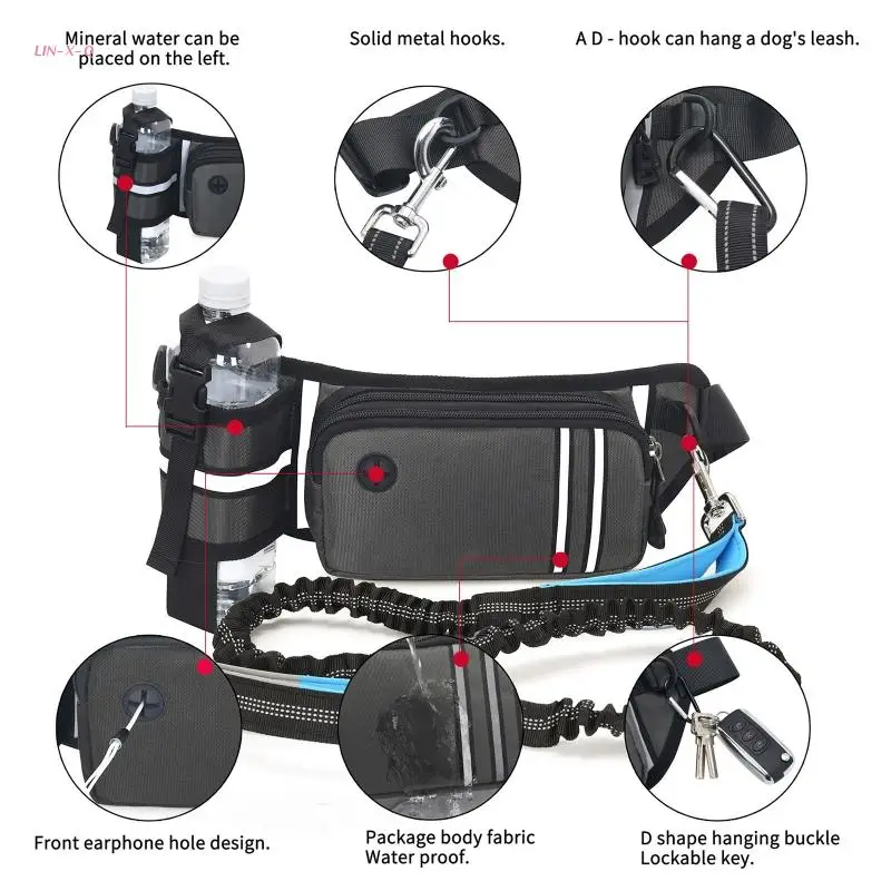 

Y51D Hands Free Dog Leash w/ Adjustable Waist Belt Dual Padded Handles Retractable Bungee Reflective Stitches Walking Hiking