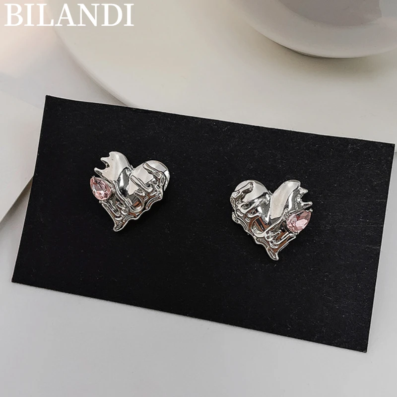 

Bilandi 925 Silver Needle Trendy Jewelry Heart Earrings Pretty Design High Quality Shiny Pink Crystal Stud Earrings For Girl