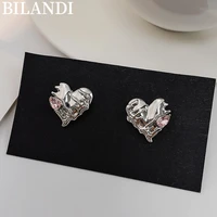 bilandi 925%c2%a0silver%c2%a0needle trendy jewelry heart earrings pretty design high quality shiny pink crystal stud earrings for girl