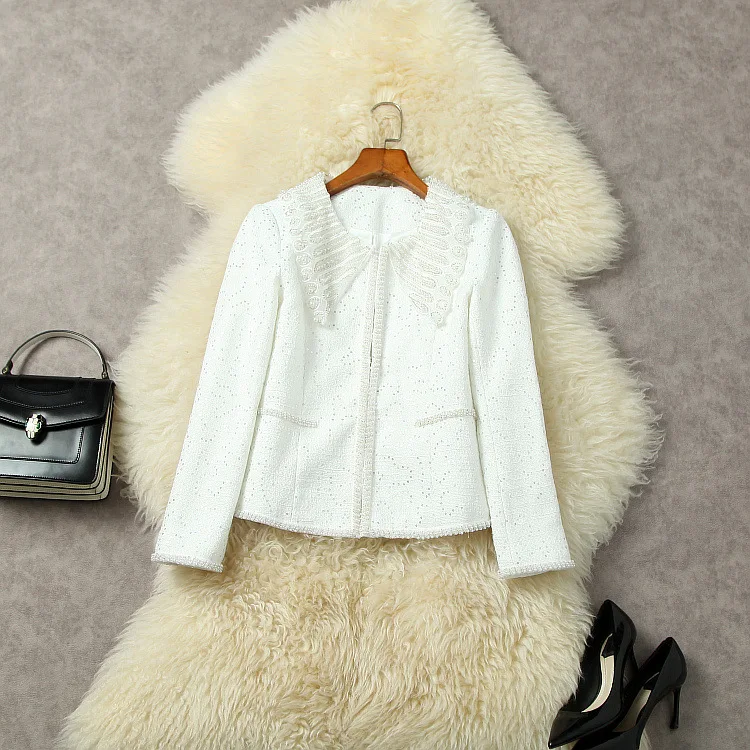 

New European and American women's wear for winter 2022 Long sleeve nail bead lapel fashionable sequined tweed coat