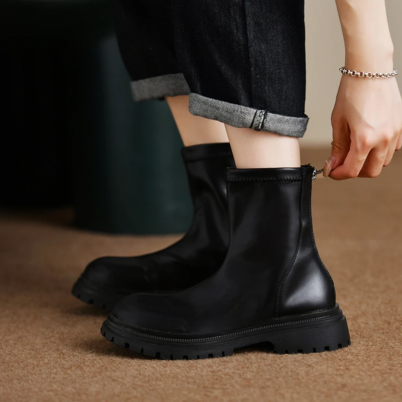 Women's Ankle Boots Mid Boots Thick Sole Soft PU Leather Boots Shoes Women's Fashion Autumn Winter Botas Platform Shoes