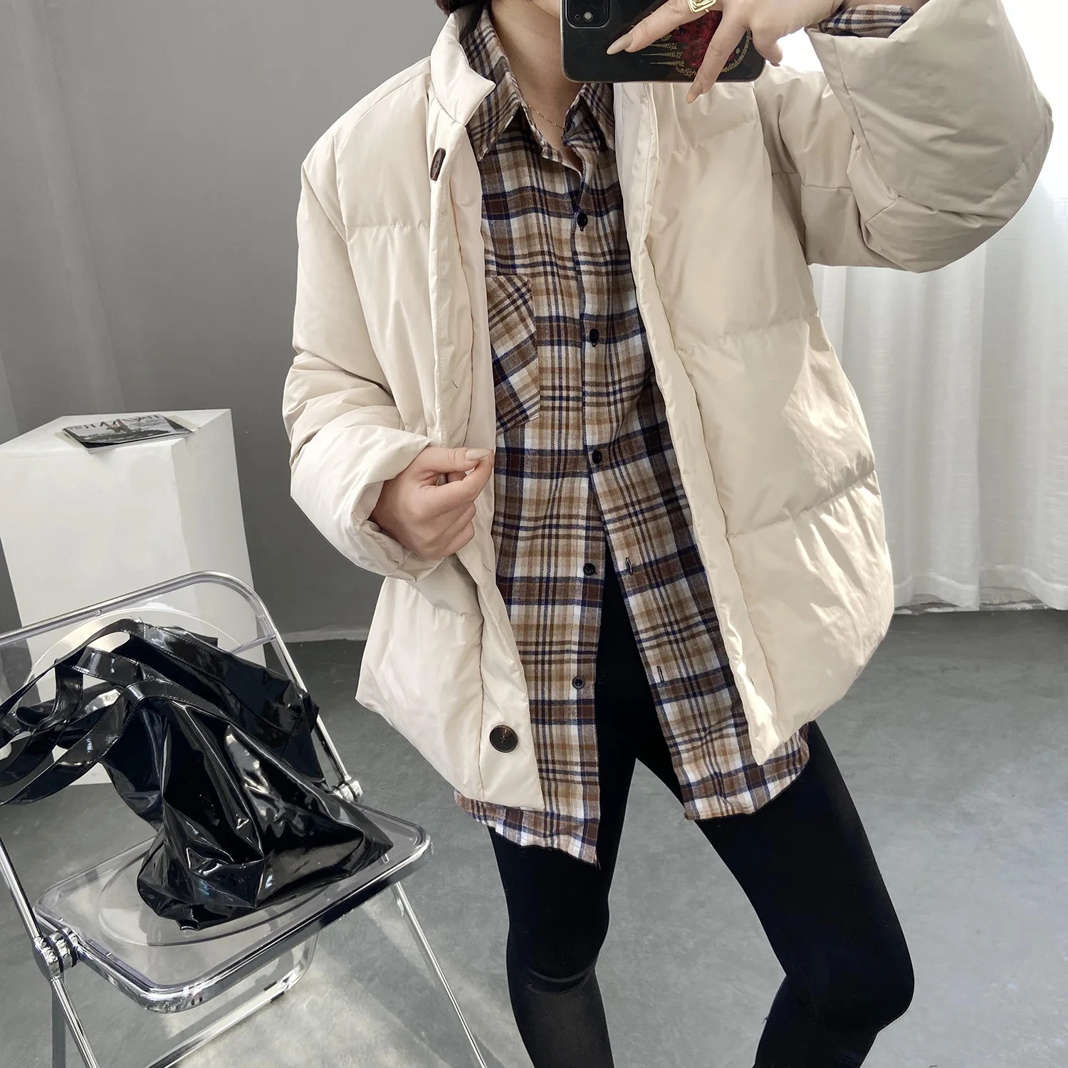 New Women's Down Jacket Autumn and Winter Pure Color Everything with Thick Warm Cotton Clothing White Eiderdown Simple Coat