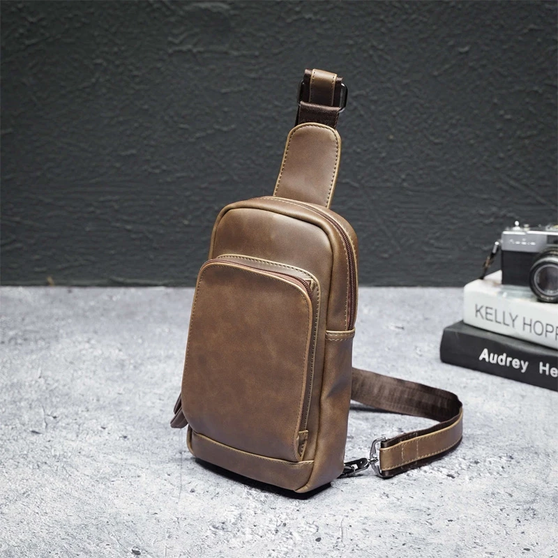 New Crazy Horse Leather Chest Bag Casual Korean One Shoulder Men's Backpack Crossbody Bag Large Capacity Soft Leather Bag