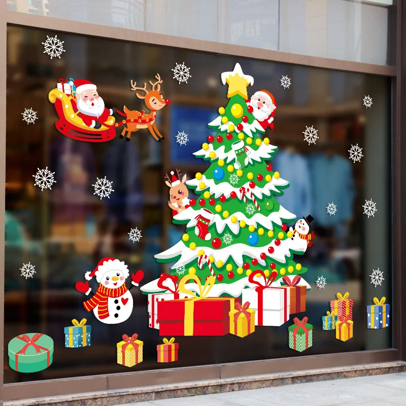 

Christmas Tree Gift Decals Poster New Year Decoration Wall Stickers Cartoon Store Shop Window Vinyl Wallpapers Self-adhesive